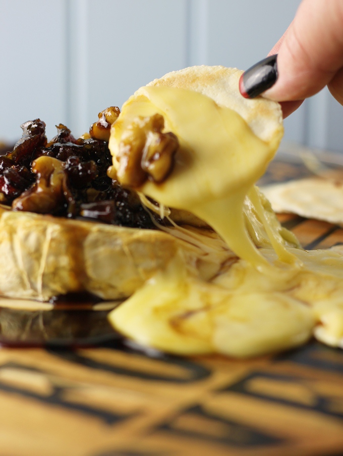 Boozy Baked Brie with Date and Walnut Syrup | LITTLE KITCHEN BLUE